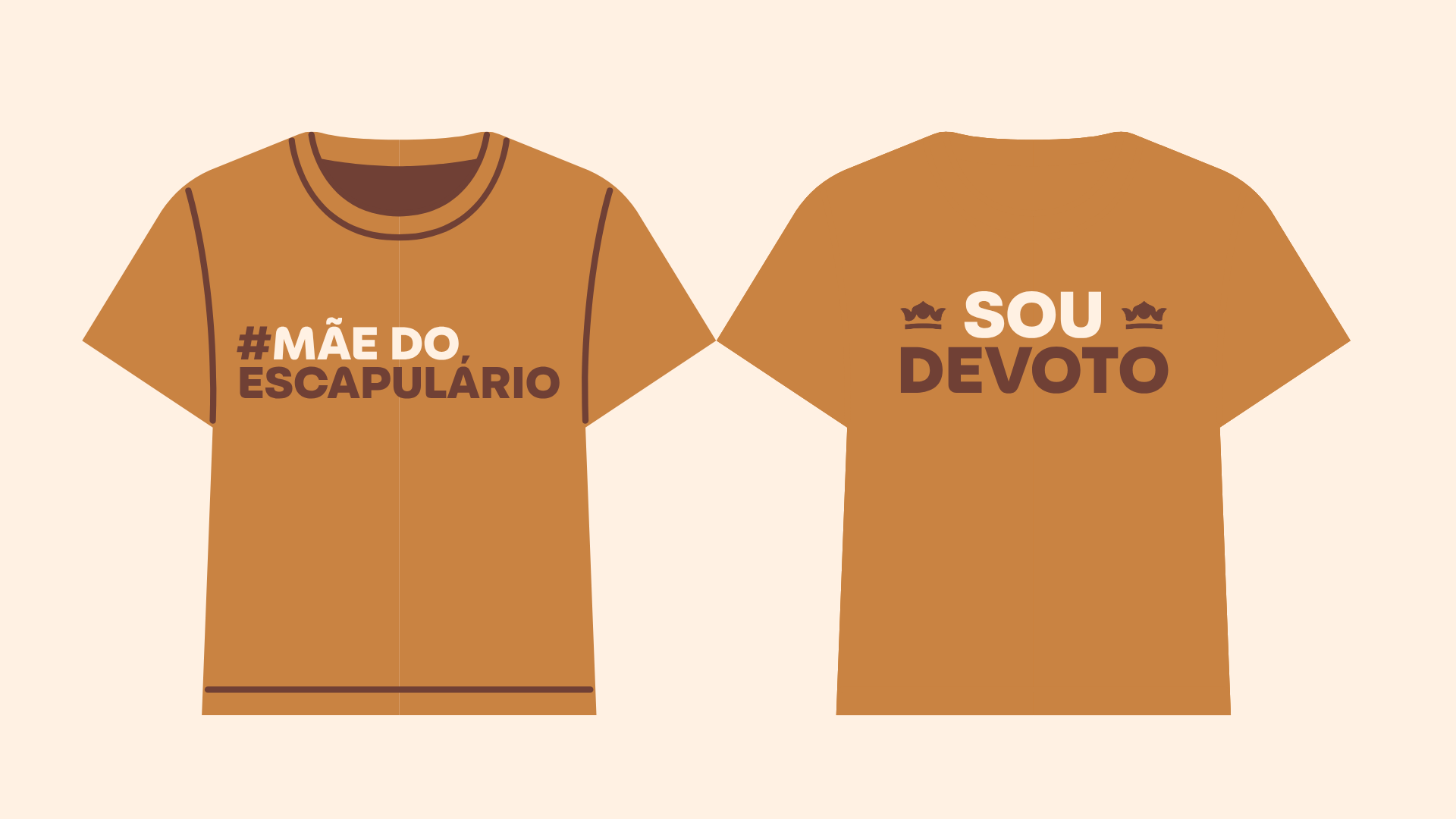 Arte da camiseta da campanha: frente com Mãe do Escapulário e verso com Sou Devoto