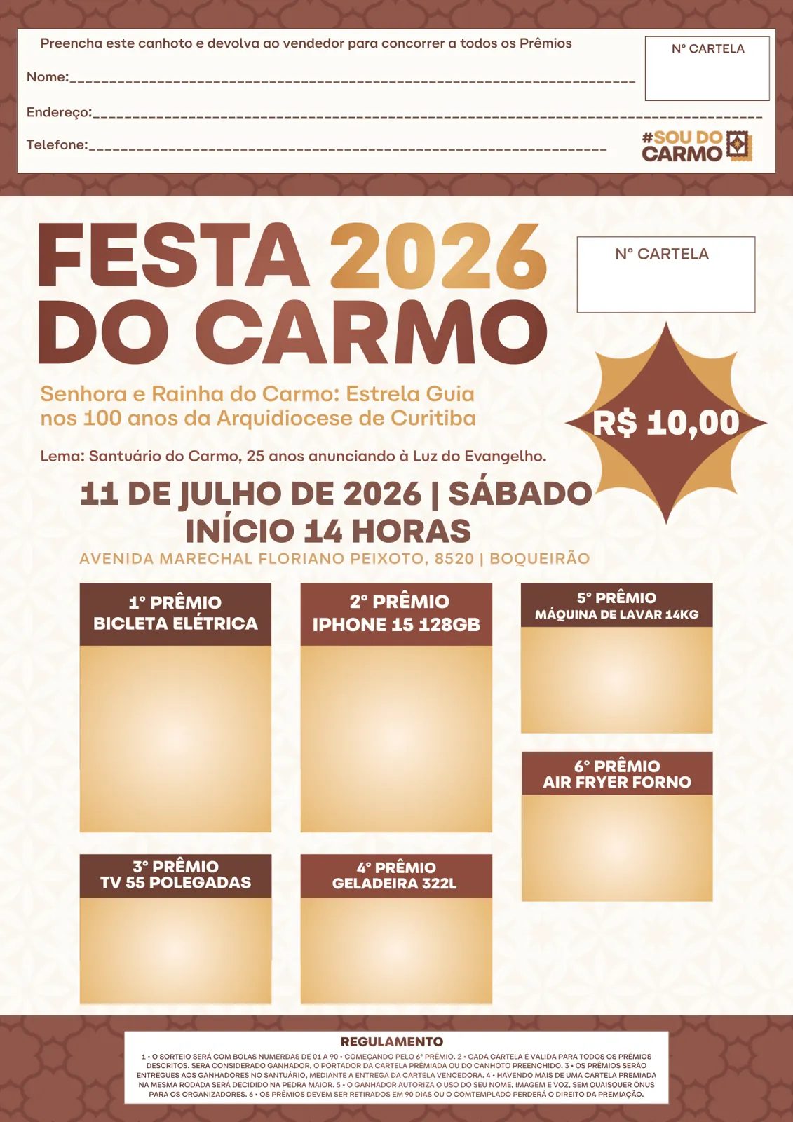 Cartela do Show de Prêmios da Festa do Carmo 2026 por apenas R$ 10,00 com 6 prêmios incríveis
