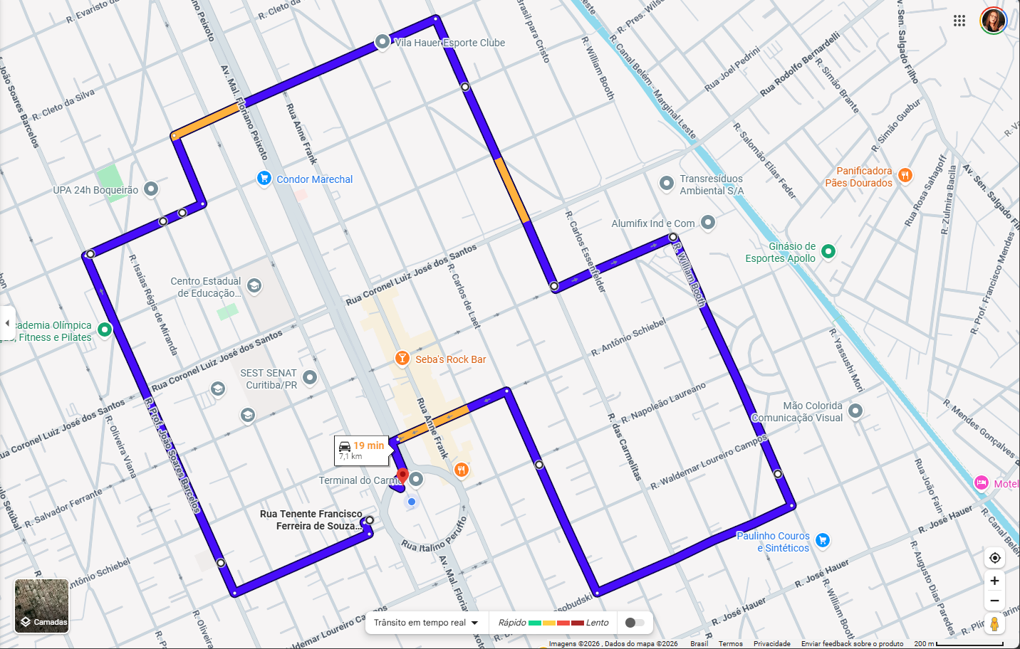 Mapa do percurso da carreata da Festa do Carmo 2026 pelas ruas do Boqueirão em Curitiba